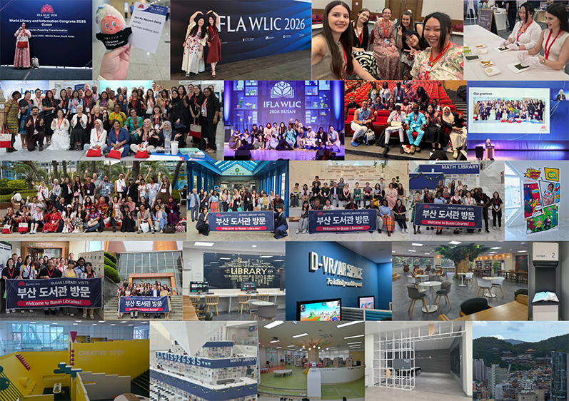 image collage of My Van's IFLA WLIC experiences, including Korean libraries' visit, group photos in front of different libraries, and Korean kimbap making
